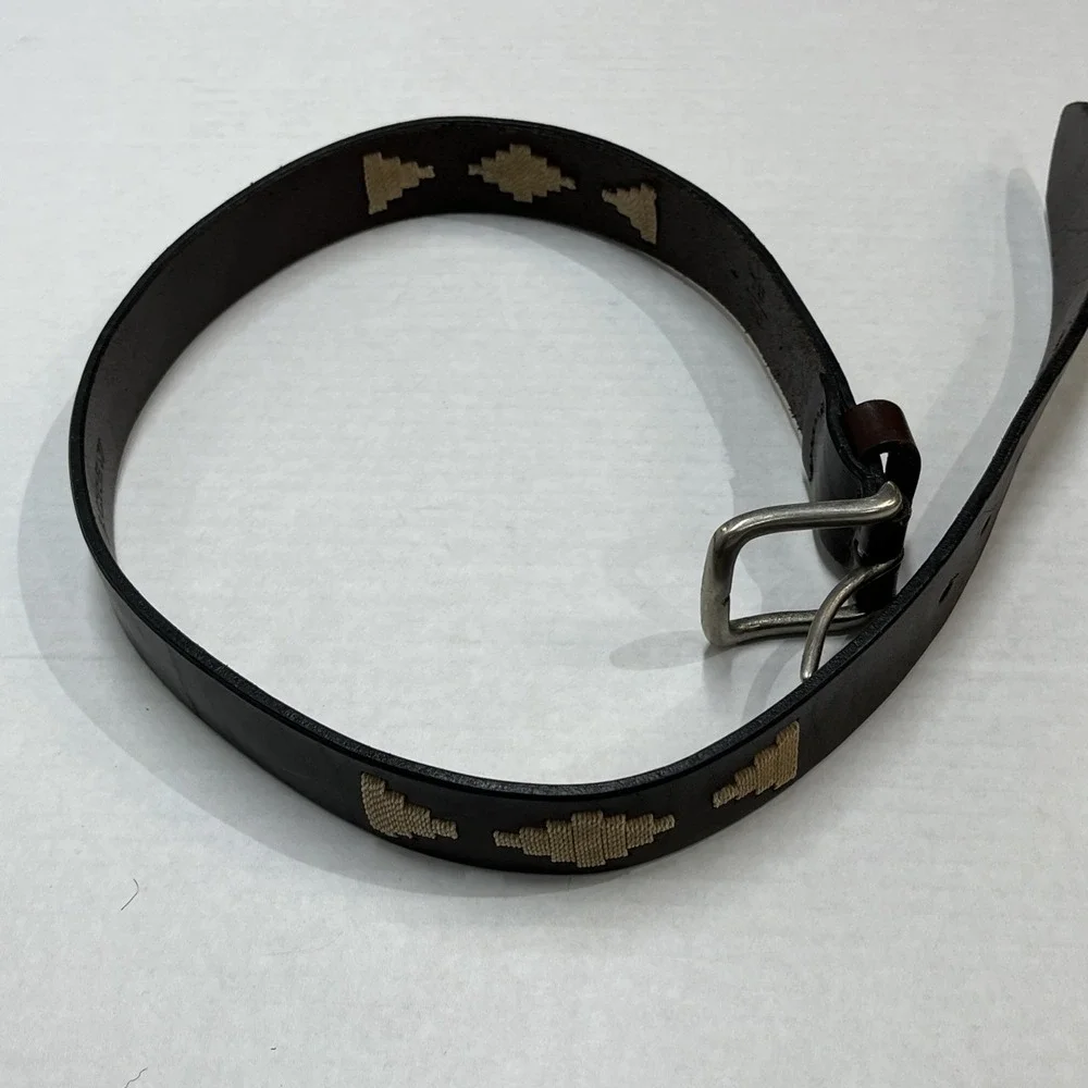 J Crew Belt Brown Leather‎ Stitched Aztec Southwestern Cowgirl Rodeo Size 30